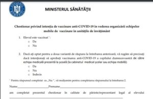 Document| Cum arată chestionarul pentru consimțământul vaccinării elevilor la școală