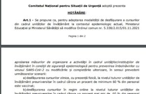 Document CNSU: Procentul de 60% vaccinați, criteriu pentru cursurile cu prezență fizică
